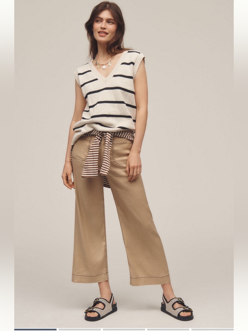 NWT Maeve The Colette Cropped Wide- Leg Pants w/ Contrast Stitching Linen